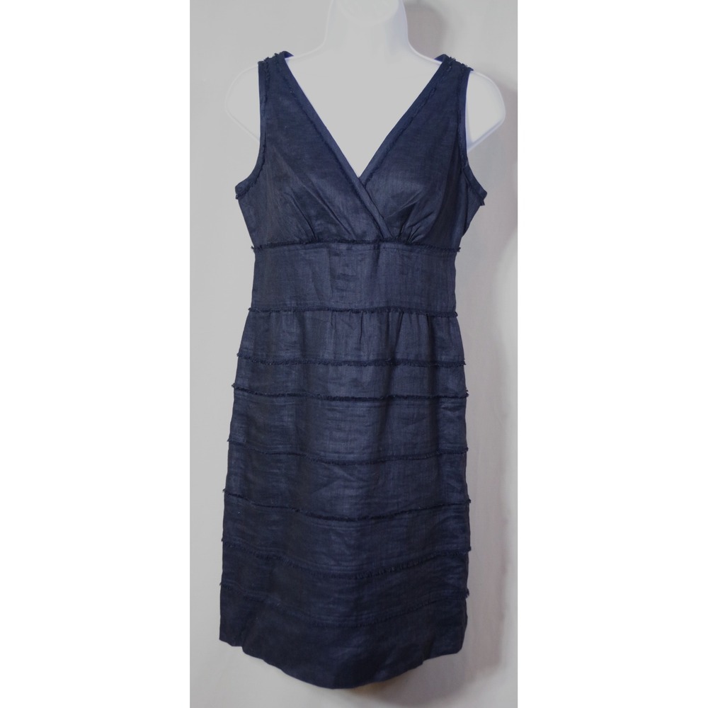 Talbots Petites Woman's 4P Black Linen Tiered Sheath Dress V-Neck Sleeveless
